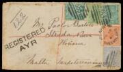 1891 cover to Malta with four-colour franking of Lined Background ½d x2 1d 2d & 6d tied by fine BN '353' & very fine 'AYR/JU12/91/QUEENSLAND' cds, superlative 'REGISTERED/AYR' handstamp at left, 'TOWNSVILLE', 'SUEZ' & 'ALEXNDRIE' transit & 'MALTA' arrival