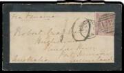 INWARDS MAIL: 1868 flapless mourning cover from GB "Via Panama" with GB 6d violet (trimmed at right) tied by very fine 'BRIGHTON/ H2 /JU1/68 - 132' duplex, huge '10' postage due h/s applied at Panama, transit b/s of Brisbane JY30/68 & Townsville AU14/1868