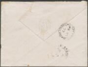 INWARDS MAIL: 1877 Macartney cover from Ireland "via Brindisi" with 1d red Plate '173' x2 & 6d grey Plate '15' tied by 'DUBLIN/ 6 / JA4/77 - 186' duplex, Rockhampton b/s of FE27/77 & Marlborough b/s, part of the flap missing. Per "Sumatra", departed Brind - 2