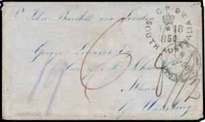 1850 (April 18) cover to "Altona by Hamburg" endorsed "Pr John Bartlett via London" with superb strike of the unframed 'GPO/[crown]/AP+18/1850/SOUTH AUSTRALIA' cds & rated "6" in red, London transit b/s of 3JY3/1850 in red & rated "8" for inwards shiplett