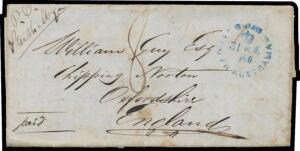 1850 lengthy cross-written entire headed "Angas River December 26th 1850" & signed "John Guy", to Oxfordshire endorsed "PO/Strathalbyn" at upper-left & "Paid 6d" both in red, 'GPO/[crown]/31+DE/1850/SOUTH AUSTRALIA' cds in blue, London arrival b/s of 1MY1