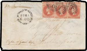 1855 cover to "Grahamstown/South Africa" with "Cape of Good Hope" added, London Printings 2d rose-carmine SG 2 fine strip of 3 (margins close to large but a little damaged at the top from being placed too close to the edge of the envelope), bold diamond-n