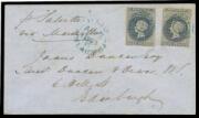 1859 cover to Scotland "p Salsette/via Marseilles" with rare franking of Adelaide Printings 6d slate-blue SG 10 two singles (the first with margins just clear to large, the other with margins at places) tied by dumb cancels unusually in blue, 'PAID/AU17/1