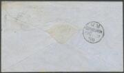 1859 cover to Scotland "p Salsette/via Marseilles" with rare franking of Adelaide Printings 6d slate-blue SG 10 two singles (the first with margins just clear to large, the other with margins at places) tied by dumb cancels unusually in blue, 'PAID/AU17/1 - 2