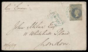 1859 cover to London "per Emeu" with very scarce franking of First Roulettes 6d slate-blue SG 17 tied by 'PAID/OC18/1859/=ADELAIDE-S.A.=' cds in blue, 'LONDON-SW/ A5 /DE14/59' arrival b/s, minor soiling & wrinkling. Ex Rose (1960) & Michael Blake. Carried