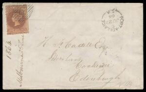 1864 double-rate cover to Scotland via the all-sea route with Second Roulettes 1/- brown (SG 39-42 group) tied to by diamond-numeral '1', 'PORT ADELAIDE/ JU27/64/S.A' cds, Adelaide & superb 'EDINR M2/ 2 /AU15/64' transit b/s, 'PRESTON PANS' arrival b/s, a