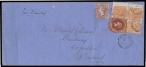 1876 triple-rate cover to Oxfordshire "Via Brindisi" with scarce three-colour franking of 9d red-purple SG 77 & 1/- deep red-brown SG 82 plus De La Rue Perf 10 2d brick-red SG 159 irregular strip of 3 tied to by GPO cds of JA1/76, very fine 'BANBURY/FE14/