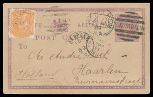 1889 usage of 1d Postal Card to Holland with 2d orange tied by 'SHIP MAIL ROOM/NO11/89/SA - S.AUSTRALIA' duplex, 'HAARLEM' arrival cds & 'A.29' postman's delivery h/s. There was a 3d Postal Card rate to England but for postcards to foreign destinations th