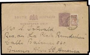 1890s usage of ½d Wrapper to Argentina uprated with Bantam ½d brown tied by GPO cancel with no date, minor blemishes.