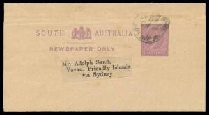 1890s usage of ½d Wrapper to the Friendly Islands (Tonga) with Ship Mail Room cds with indecipherable date.