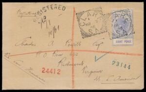 1906 double-rate cover to Virginia "Via San Francisco" with Thin 'POSTAGE' 8d ultramarine - paying 2&frac12;d x2 + 3d registration - tied by 'CLARE/S-A' squared-circle, curved 'REGISTERED/No...' h/s, Adelaide & San Francisco transit & 'RICHMOND VA/REG DIV' arriv