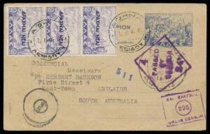INWARDS MAIL: 1940 (Mar 12) usage of Greek Ancient Navy 2L Postal Card uprated with 2L strip of 3 in the same design, to Herbert Basedow, boxed '.../225/GREEK CENSOR' h/s & diamond Adelaide censor h/s both in violet, minor blemishes. The message enquires 