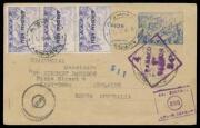 INWARDS MAIL: 1940 (Mar 12) usage of Greek Ancient Navy 2L Postal Card uprated with 2L strip of 3 in the same design, to Herbert Basedow, boxed '.../225/GREEK CENSOR' h/s & diamond Adelaide censor h/s both in violet, minor blemishes. The message enquires