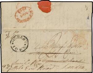 1823 lengthy entire letter headed "Hobart Town 2nd June 1823" & signed "Harris Walker" to London with a wonderfully fine and clear strike of the very rare undated 'HOBART/TOWN' circular postmark, to London with light 'PORTSMOUTH/SHIP=LETTER' "step" h/s in