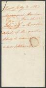 1832 Wesleyan missionary outer to London rated "3" in red, British boxed 'INDIA LETTER/PORTSMOUTH' h/s & rated "1/-" (4d inwards shipletter + 8d mileage), London arrival b/s of 3JY3/1833 in red, docketed on the reverse from "Macquarie Harbour/Dec 26 1832/ - 2