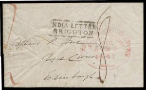 1841 large-part crumpled outer to Edinburgh with light but fine strike of the huge GPO d/s of 3FB3/1841 (unusual use of 'FB' instead of 'FE' for February) in red, very fine strike of the boxed 'INDIA LETTER/BRIGHTON' h/s on the face, London b/s of 17JU17/