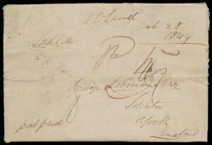 1844 lengthy entire letter signed "B Livesay", to Yorkshire endorsed "postpaid" & rated "5" in red, GB 'SHIP LETTER' h/s in black & rated "8" for an incoming shipletter, London transit b/s of '28AP28/1845' in red & 'YORK' arrival b/s of the same date, ext