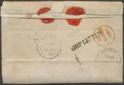 1844 lengthy entire letter signed "B Livesay", to Yorkshire endorsed "postpaid" & rated "5" in red, GB 'SHIP LETTER' h/s in black & rated "8" for an incoming shipletter, London transit b/s of '28AP28/1845' in red & 'YORK' arrival b/s of the same date, ext - 2