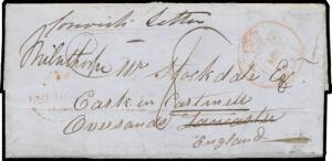 1851 semi-literate entire headed "Hobertown Barracks April 18th" & signed "EH Bell" endorsed on the face "Convicts Letter" but not countersigned, to Lancashire with light '[crown]/FREE/22AP22/1851' cds in red, light London transit b/s of SP25/1851 & rated
