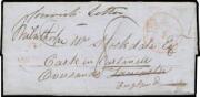 1851 semi-literate entire headed "Hobertown Barracks April 18th" & signed "EH Bell" endorsed on the face "Convicts Letter" but not countersigned, to Lancashire with light '[crown]/FREE/22AP22/1851' cds in red, light London transit b/s of SP25/1851 & rated
