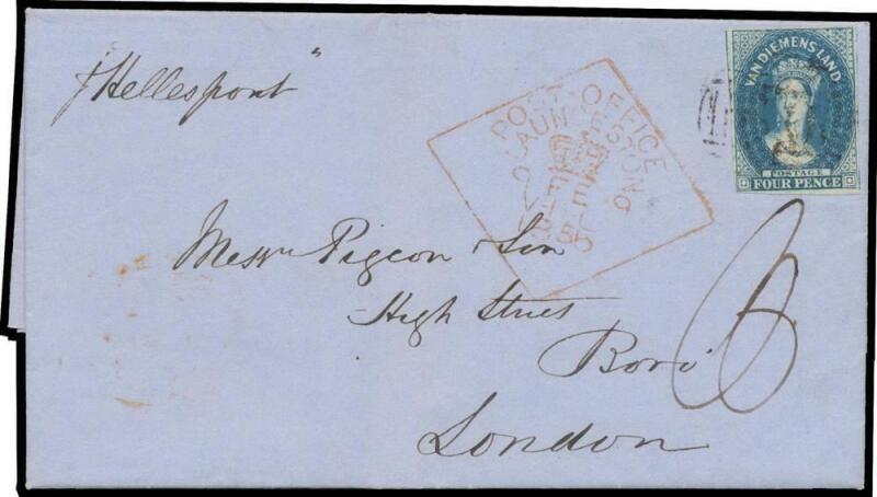 1856 entire letter headed "Launceston/4 Feb 1856" & signed "Richd Green" to London "p Hellespont" with very fine Star Wmk 4d blue SG 18 (full margins, with a fragment of the adjoining unit at left) tied by fair BN '60' cancel, diamond 'POST OFFICE/LAUNCES