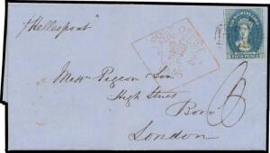 1856 entire letter headed "Launceston/4 Feb 1856" & signed "Richd Green" to London "p Hellespont" with very fine Star Wmk 4d blue SG 18 (full margins, with a fragment of the adjoining unit at left) tied by fair BN '60' cancel, diamond 'POST OFFICE/LAUNCES