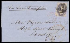 1859 (Feb 12) outer to London "via Southampton" with Imperf 'TASMANIA' 6d slate-violet SG 48 (margins just shaved - at right - to large with a fragment of the adjoining unit at left) tied by bold BN '68' of Hobart, 34mm Hobart cds & London arrival of AP11