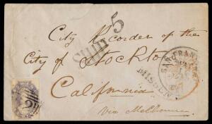 1859 (Oct 11) cover to California "Via Melbourne" with 'TASMANIA' 6d (2 margins) tied by BN '62' of Hobart (GPO cds in red at right), American 'SHIP' & '5' h/s and San Francisco' cds of MAY/16/1860 with 'MISSENT' h/s alongside, repaired flap tear that int