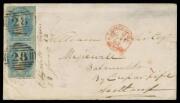 1862 envelope to Scotland with Wmk '4' 4d pale blue SG 36 vertical pair (almost full margins, the lower unit with 6mm scissor-cut into the design) tied by two very fine to superb strikes of Second Allocation BN '28', postmaster's manuscript endorsement "E