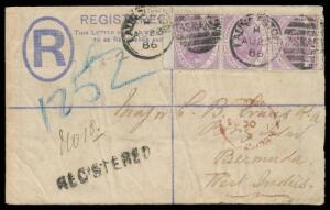 1886 usage of 4d blue size F Registration Envelope #R2a (HG C2) to "Bermuda/West Indies" with very scarce franking of Postal Fiscals 6d mauve Playpus vertical strip of 3 tied by Launceston duplex of AU23/86, 'REGISTERED' h/s at lower-left, poor London tra