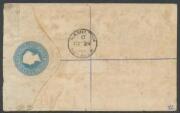 1886 usage of 4d blue size F Registration Envelope #R2a (HG C2) to "Bermuda/West Indies" with very scarce franking of Postal Fiscals 6d mauve Playpus vertical strip of 3 tied by Launceston duplex of AU23/86, 'REGISTERED' h/s at lower-left, poor London tra - 2