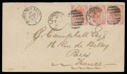 1887 (Feb 17) cover to France with scarce franking of Postal Fiscal 3d Platypus strip of 3 tied by Launceston duplex, French 'MONT CENIS A MACON' transit cds & Paris arrival b/s. Overpaid 3d.