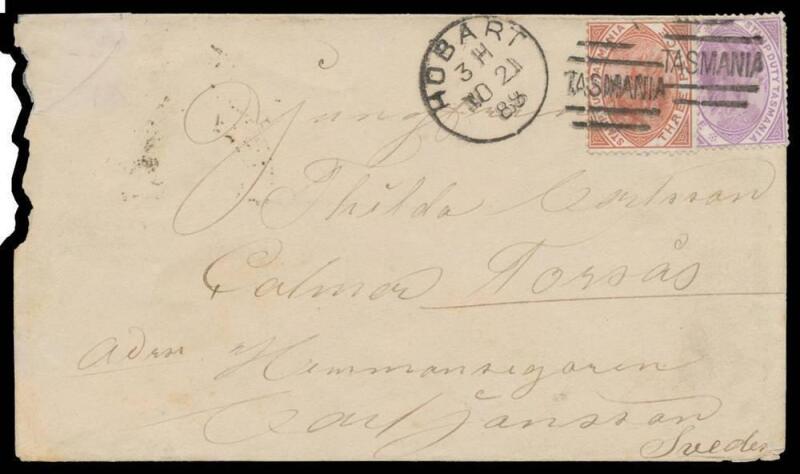 1888 cover to Sweden with Stamp Duty 3d brown & 6d mauve Platypus tied by 'TASMANIA'-in-bars cancels of Hobart (cds alongside), Italian 'NAPOLI-SUCCLE-FERROVIA' TPO transit b/s, opened a bit roughly at left with a few minor repairs. A very scarce destinat