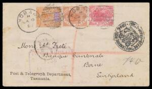 1897 (Jan 9) usage of Post & Telegraph Department envelope with 'SECRETARY GENERAL POST OFFICE' Frank Stamp in black, to Switzerland with ½d Tablet plus Postal Fiscals 3d chestnut & 1/- rosine tied by Hobart duplex, light boxed handstamp in purple & 'R'