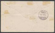 1897 (Jan 9) usage of Post & Telegraph Department envelope with 'SECRETARY GENERAL POST OFFICE' Frank Stamp in black, to Switzerland with &frac12;d Tablet plus Postal Fiscals 3d chestnut & 1/- rosine tied by Hobart duplex, light boxed handstamp in purple & 'R' - 2