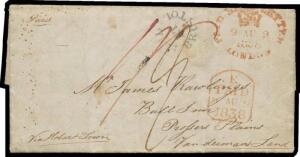 INWARDS MAIL: 1838 (Aug 7) lengthy cross-written entire social letter from England to "Bull Inn/Prossers Plains/Van deimand Land" with unframed 'PAID/AT/BRISTOL' h/s & rated "1/-" for 10d rate to London + 2d outwards shipletter, London tombstone & Paid S