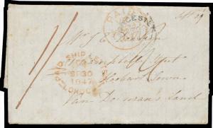 INWARDS MAIL: 1847 (Sep.28) stampless entire letter from Worcestershire with 'UPTON-ON-SEVERN/SP9/1847' b/s & 'WORCESTER' cds on the face, rated "1/-" in red & with oval 'PAID SHIP LETTER' d/s of London, rounded-boxed 'SHIP LETTER/31JA 1/1848' arrival d/s