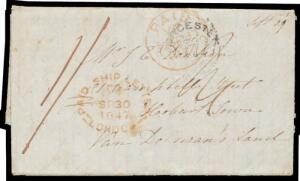 INWARDS MAIL: 1847 (Sep.28) stampless entire letter from Worcestershire with 'UPTON-ON-SEVERN/SP9/1847' b/s & 'WORCESTER' cds on the face, rated "1/-" in red & with oval 'PAID SHIP LETTER' d/s of London, rounded-boxed 'SHIP LETTER/31JA 1/1848' arrival d/s