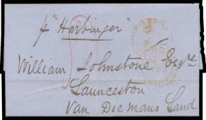INWARDS MAIL: 1853 (Oct 5) mercantile entire letter from London "pHarbinger" rated "8" with 'LONDON/=PAID=' cds in red, Launceston arrival b/s of '26DE26/1853'. General Screw Stem Ship Co "Harbinger" departed London 7/10/1853, arrived Melbourne 23/12/1853