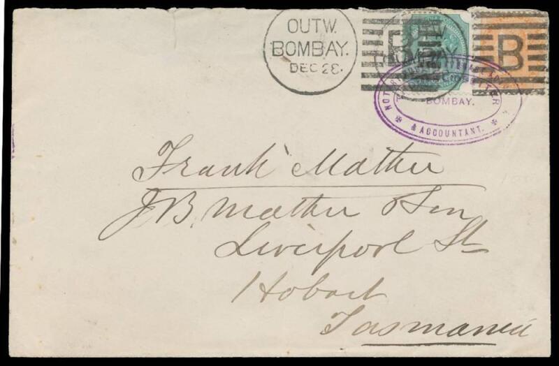 INWARDS MAIL: 1883 flapless cover from India with East India 2a orange and 4a blue-green tied by triple-oval 'NOTARY PUBLIC ...ADJUSTOR/THOMAS LIDBITTER/BOMBAY/& ACCOUNTANT' cachet in violet & superb 'OUTW/BOMBAY/ DEC 28 - B' duplex, Hobart arrival b/s o