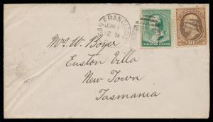 INWARDS MAIL: 1884 cover from the United States with Washington 2c green & Jackson 10c brown tied by San Francsico duplex, Launceston b/s of JY2/89 & New Town arrival b/s of JY3/83, minor wrinkles.