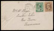 INWARDS MAIL: 1884 cover from the United States with Washington 2c green & Jackson 10c brown tied by San Francsico duplex, Launceston b/s of JY2/89 & New Town arrival b/s of JY3/83, minor wrinkles.