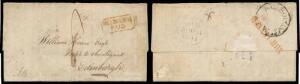 1841 (early) part-entire to Scotland signed "David Ogilvy" with an unusually fine strike of the rounded-boxed 'MELBOURNE/PAID' h/s in red & largely fine strike of the rare undated 'MELBOURNE/NSW' h/s on the flap, straight-line 'SHIP LETTER' b/s in red & E