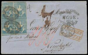 1854 envelope to Switzerland "per via de Madras" with Half-Length 3d blue SG 11 block of 4 (trimmed at the top, the lower units are both very fine) with two superb strikes of Barred Oval '1' & 'MELBOURNE/MY29E/ 1854/VICTORIA' d/s unusually on the face, su