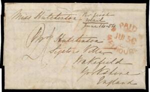 1854 lengthy largely cross-written entire letter headed "St Kilda 6mo13 54" - an unusual configuration! - & signed "Lucy B", to Yorkshire with oval 'PAID/JU30/1854/MELBOURNE' & rated "1/-" in red, London b/s of DE12/1854 & rated "2/-", very fine 'WAKEFIE