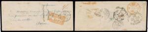 1854 small stampless cover to France with mss "1/-" for postage paid & sensational crowned-oval 'CRESWICKS CK/[crown]/SE*25/1854/VICTORIA' b/s (ERD), London transit b/s of '2JA2/1855' & superb boxed 'COLONIES/&c ART 13' accountancy h/s both in red, French