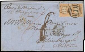 1856 (Jan 30) double-rate entire letter to Scotland "Per Hellespont/via Singapore" with Woodblock 6d x2 (3½ or full margins) tied by superb BN '1' of Melbourne (b/s), London transit b/s of 4MY4/1856 where smudged 'MORE/TO/PAY' h/s & mss "8" applied to the