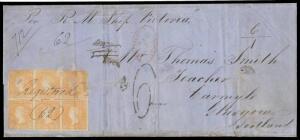 1858 quadruple rate outer with very fine 'SANDY CREEK/[crown]/AP*9/1858/VICTORIA' oval b/s & extraordinary franking of Woodblocks Imperf 6d orange block of 6 - faults, but the largest recorded block of this stamp - cancelled in pen "Registered/(62)" but o