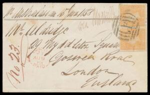1858 cover to London "p Australasian...via Marseilles" with Woodblocks 6d yellow-orange SG 32b pair [41-42, very fine with large even margins] tied by BN '1' of Melbourne, light oval 'SHIP LETTER/[crown]/JU*15/1858/MELBOURNE' b/s in red, London arrival cd