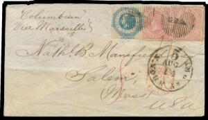 1859 cover to Massachusetts per "Columbian/Via Marseilles" with Perf 12 Emblems 4d pair & 1/- Octagonal tied by "killer" '1' cancels of Melbourne (b/s), London & New York transit cds on the face, some creasing/wrinkling. Not recorded in Ben Palmer's Censu